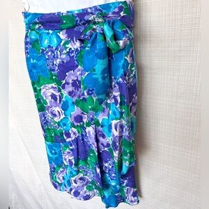 Vintage 80s Floral Ruffled Wrap Midi Skirt Garden Party Attire Lagoon Blue G…